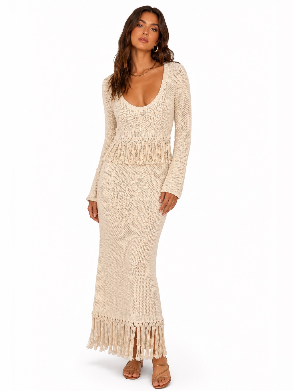 Mother Ivory Fringe Cotton Knit Maxi Dress Approx M Nwot